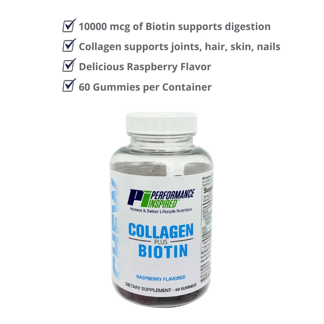 Performance Inspired Collagen + Biotin Gummies – Hydrolyzed Marine Collagen – Raspberry Flavor – 60 Count