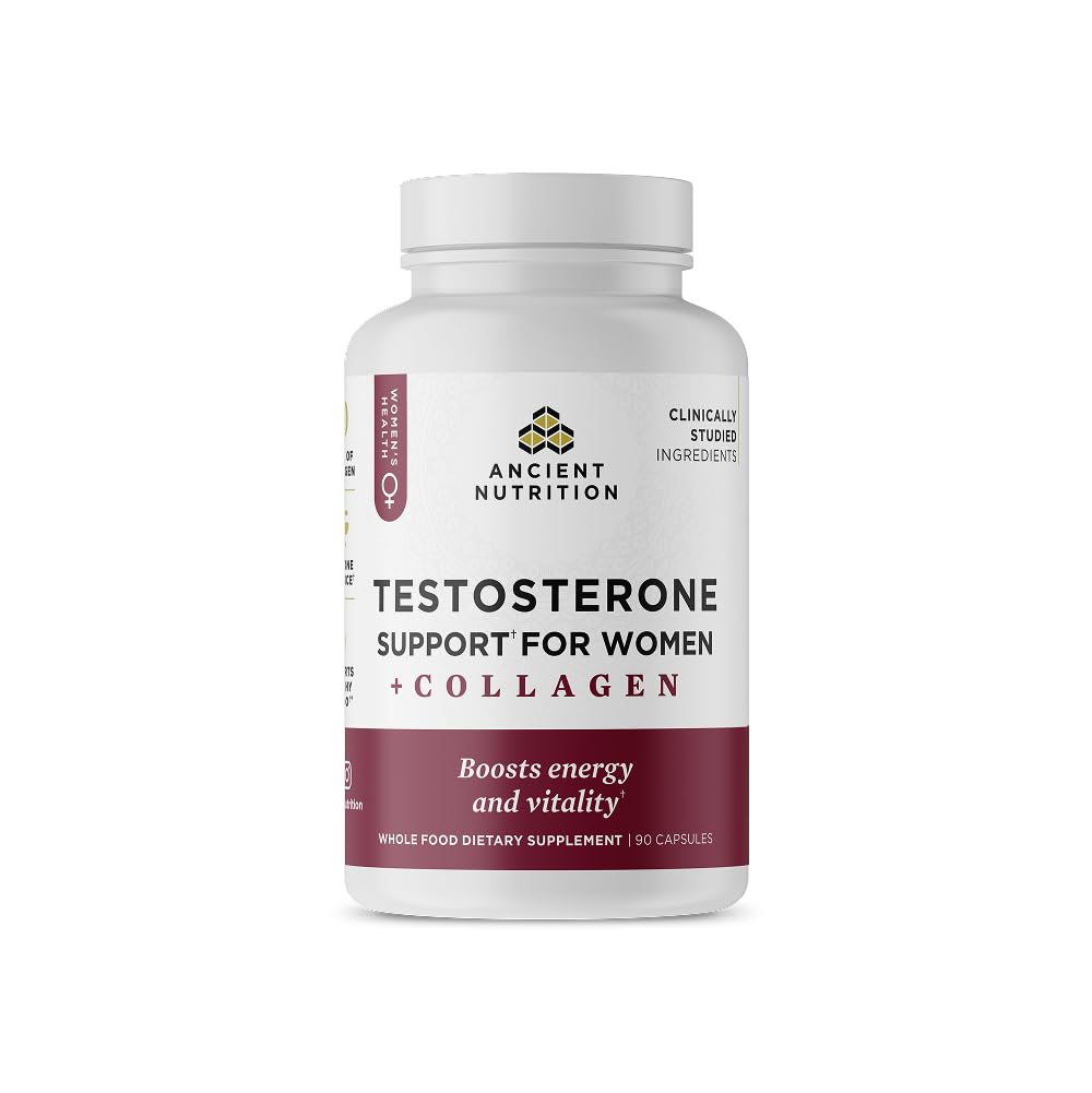 Ancient Nutrition Testosterone Support + Collagen Supplement with Hydrolyzed Collagen Peptides, 90 Capsules