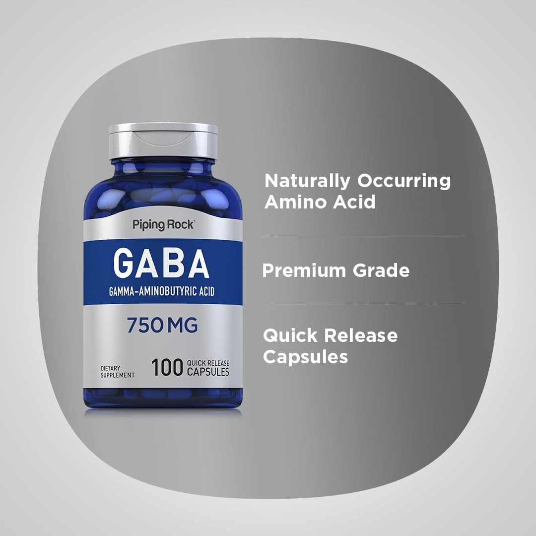 Piping Rock GABA Supplement 750 mg Capsules, 100 Count