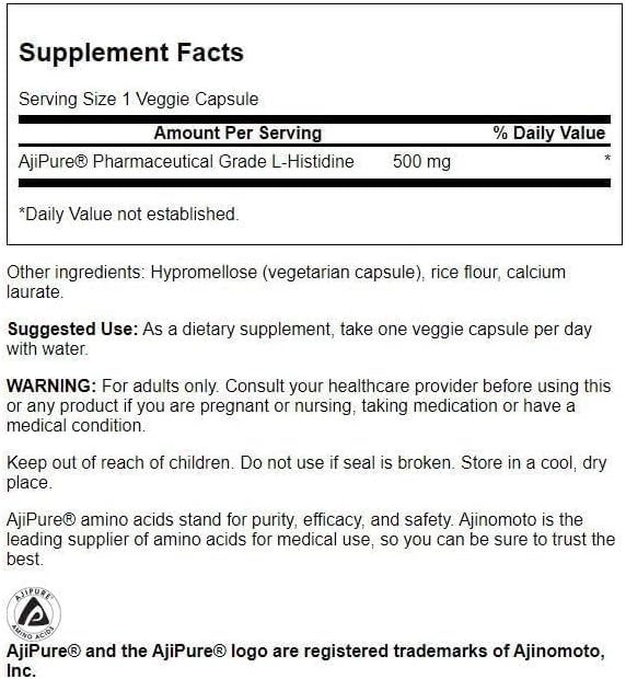 Swanson Amino Acid Ajipure L-Histidine Pharmaceutical Grade 500 Milligrams Vegan Capsules, 60 Count