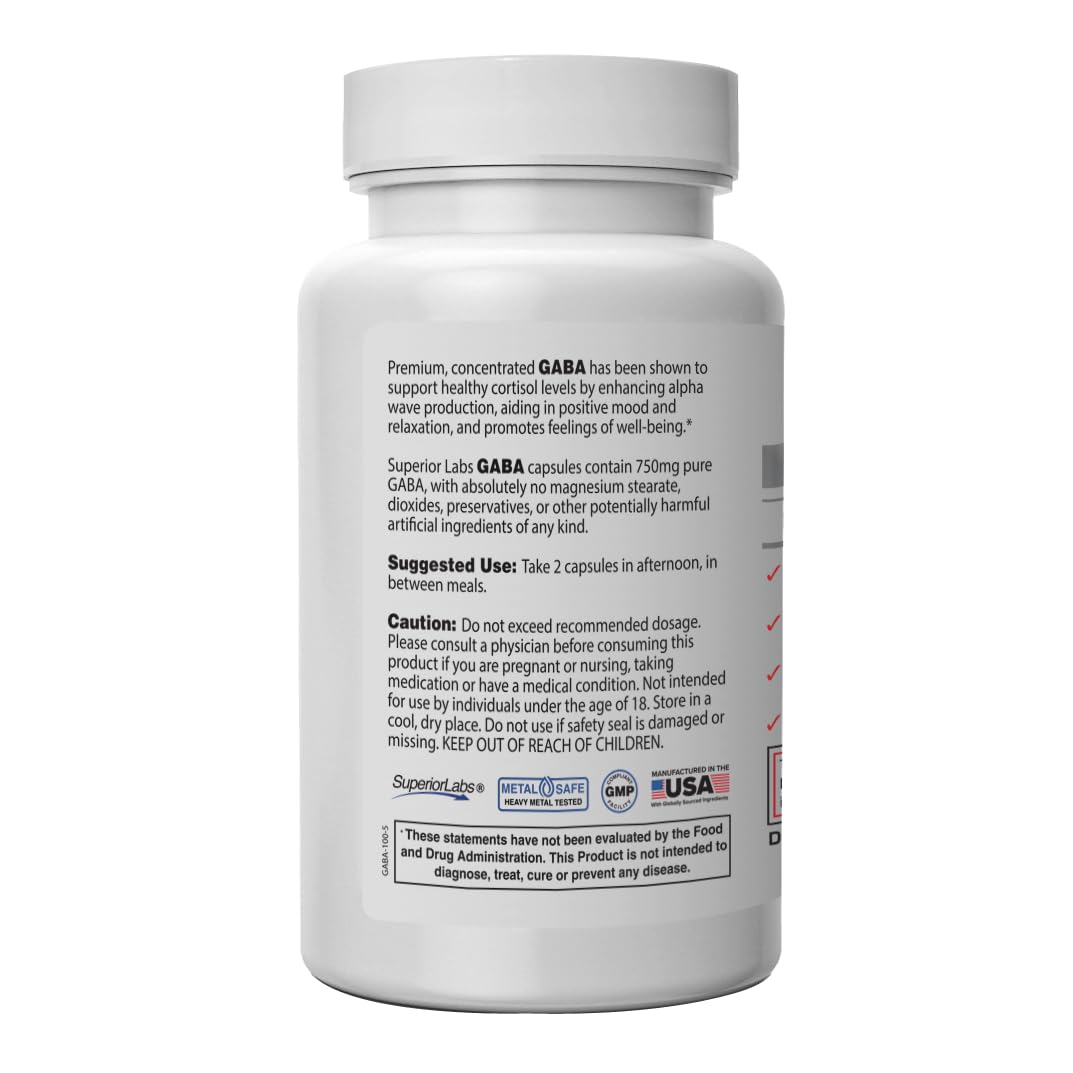 Superior Labs GABA Supplement 750mg Maximum Strength Mood Enhancement Capsule, 100 Capsules
