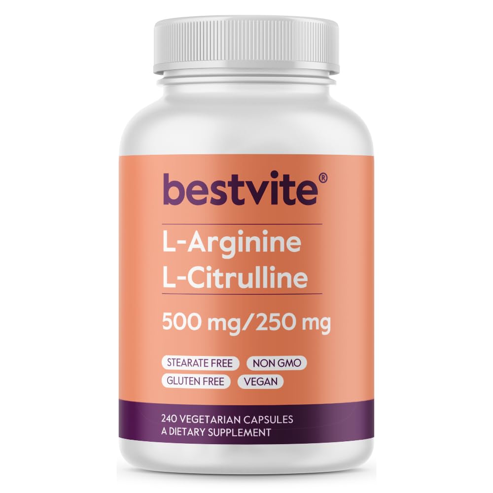 BESTVITE L-Arginine L-Citrulline 500mg / 250mg Vegan Vegetarian Capsules, 240 Count