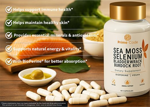 Prime Code Sea Moss Capsules with Selenium – 3-in-1 Blend with Bladderwrack & Burdock Root – Supports Immune Health & Daily Wellness – Vegan, 60 Capsules