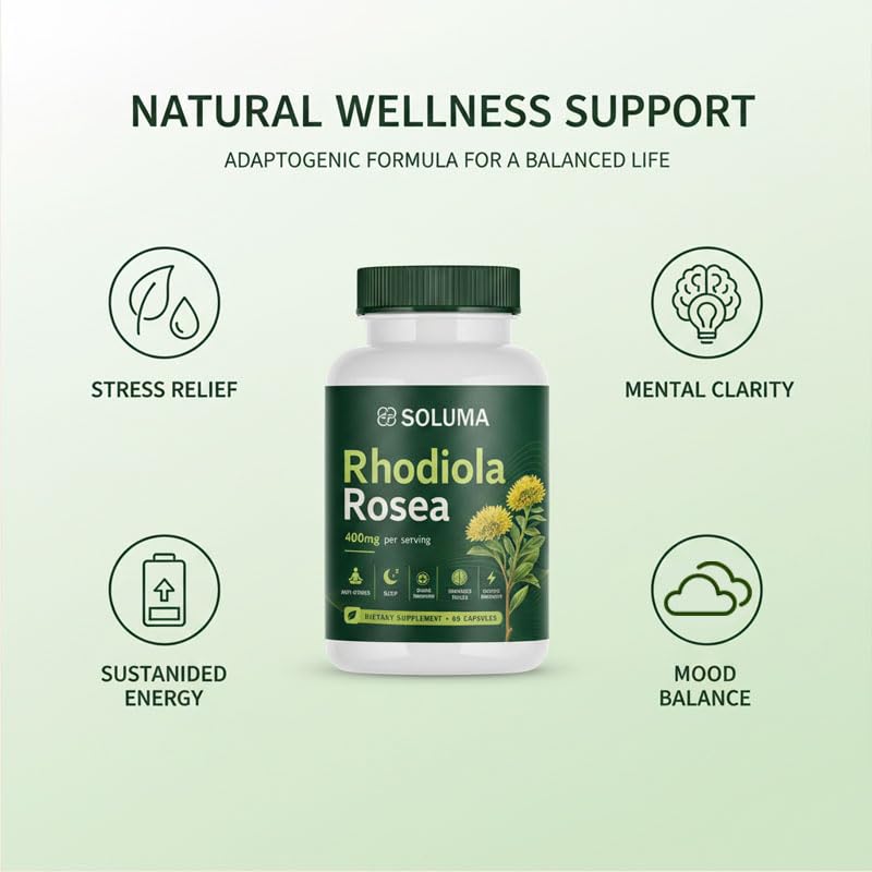 Soluma Rhodiola Rosea Organic Natural Adaptogen Supplement with Bioperine Energy, Stress and Mental Focus Support Capsule 1