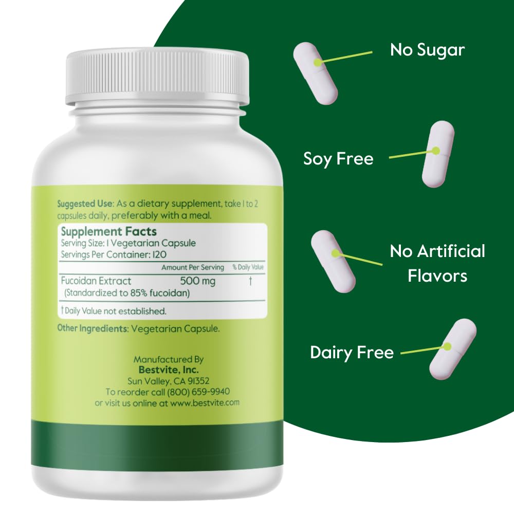 BESTVITE Fucoidan Extract 500mg (Standardized to 85% Fucoidan) Capsule, 120 Count