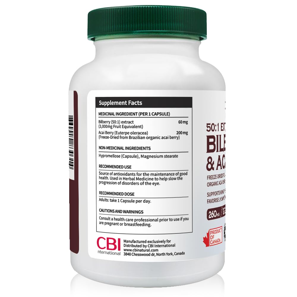 CBI Natural Bilberry 50:1 Extract with Acai Berry Eye Health & Vision Support, 120 Capsules
