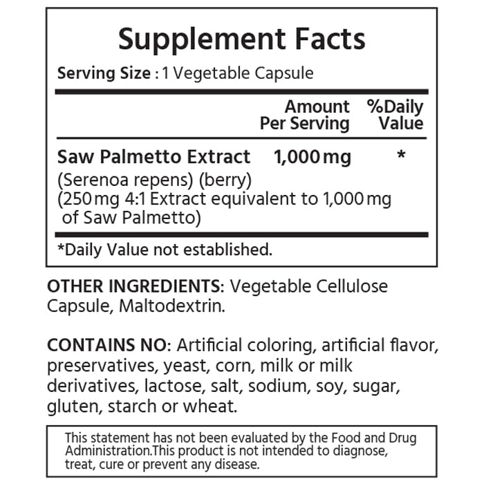 ML Naturals Saw Palmetto 1000mg 4:1 Extract Capsules, Non-GMO, 180 Count
