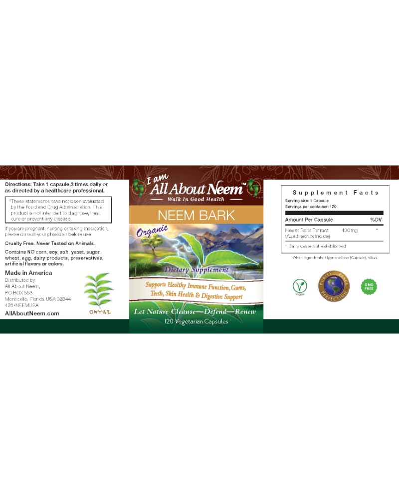 All About Neem Organic Neem Bark Capsules, 120 Count