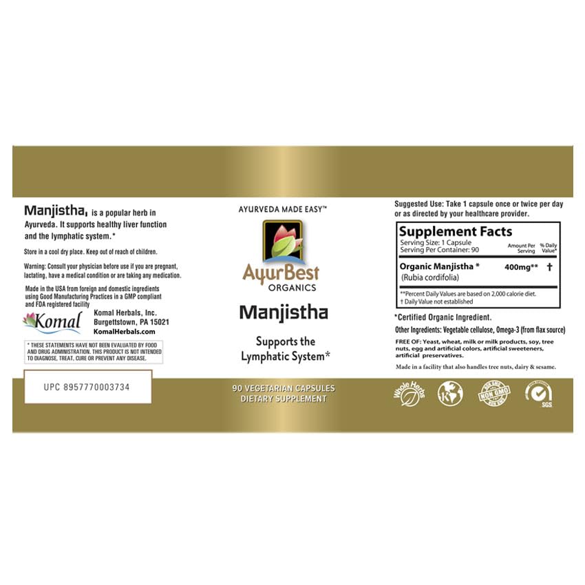 AyurBest Manjistha Herbal Supplements 400mg Capsules, 90 Count