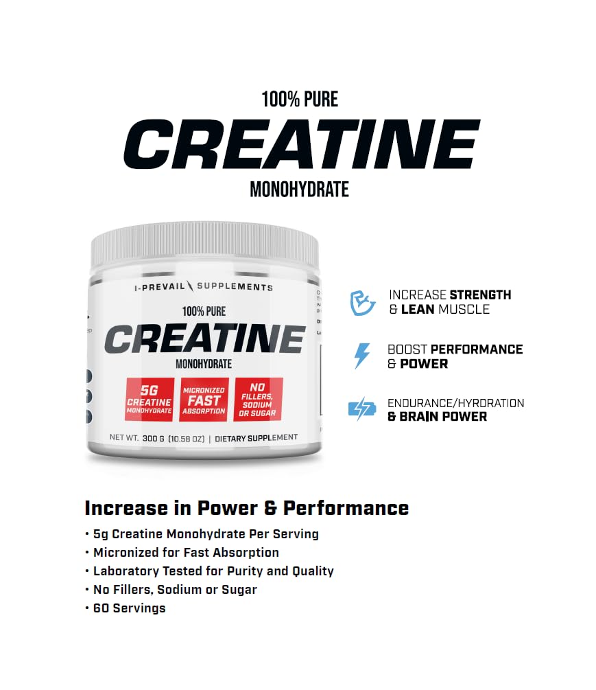 I-Prevail Supplements 100% Pure Creatine Monohydrate Powder Micronized No Fillers No Sodium No Sugar, 10.58 Ounce
