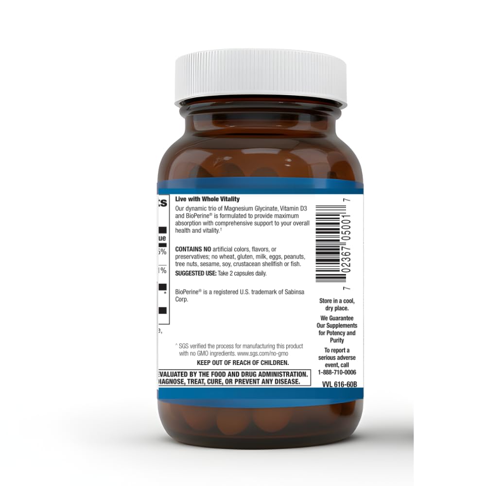 Whole Vitality Magnesium Glycinate 300mg with Vitamin D3 1000 IU, 60 Capsules