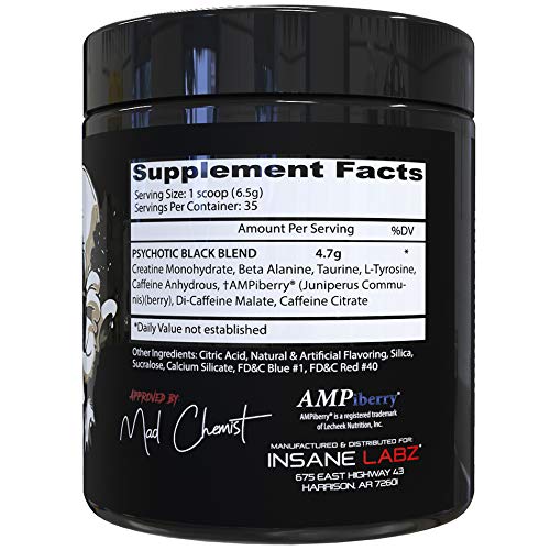 Insane Labz Psychotic Black Edition Mid Stimulant Pre Workout Powder, Energy Focus Pumps, Loaded with Creatine Beta Alanine Taurine Fueled by AMPiberry, 8