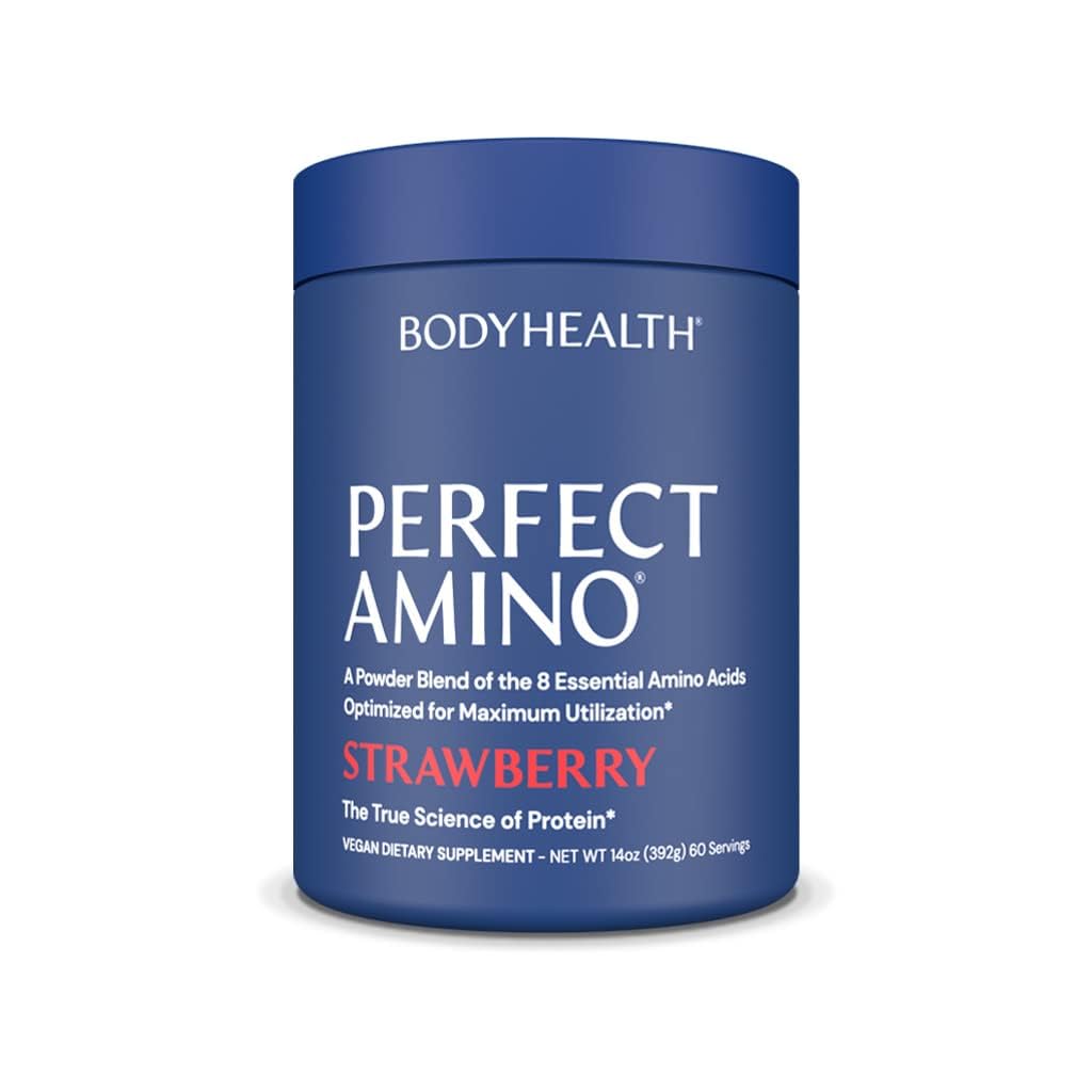 BodyHealth PerfectAmino Powder BCAA and EAA Powder for Pre and Post Workout Amino Acid Energy Drink for Lean Muscle and Recovery, Strawberry, 60 Servings (14 oz)