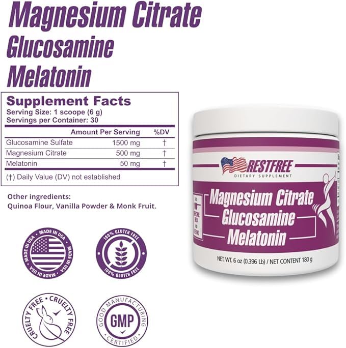 RESTFREE Sleep, Relaxation & Joint Wellness Supplement with Magnesium Citrate, Melatonin & Glucosamine Powder 6 Ounce