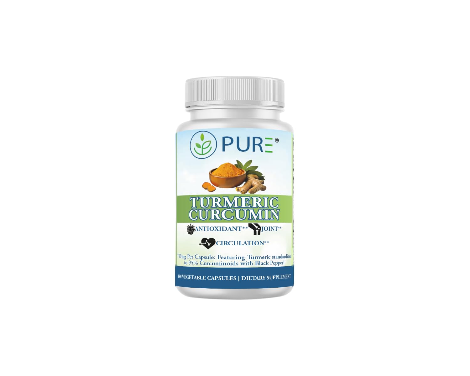 PURE Turmeric Curcumin 750 mg Capsules, 180 Count