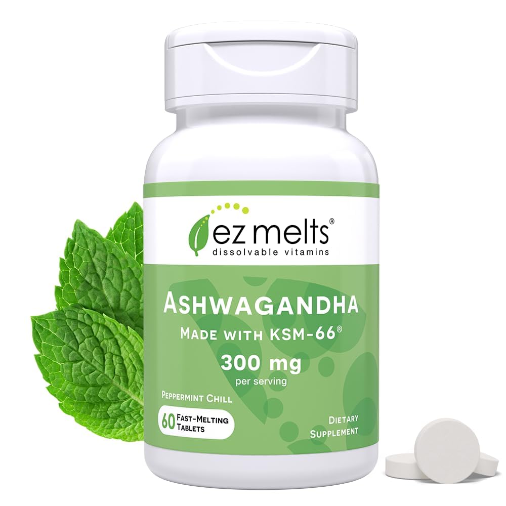 EZ Melts Dissolvable KSM-66 Ashwagandha, 300 mg, Sugar-Free, Stress, Sleep and Mood Support Tablets, Peppermint Chill-Flavor, 60 Count