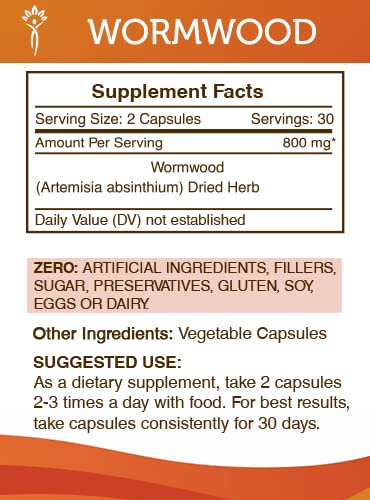 Secrets of the Tribe Wormwood 800 mg Capsules, 60 Count
