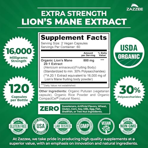 Zazzee Alpha GPC and Organic Lions Mane Supplement Capsules, 195 Capsules