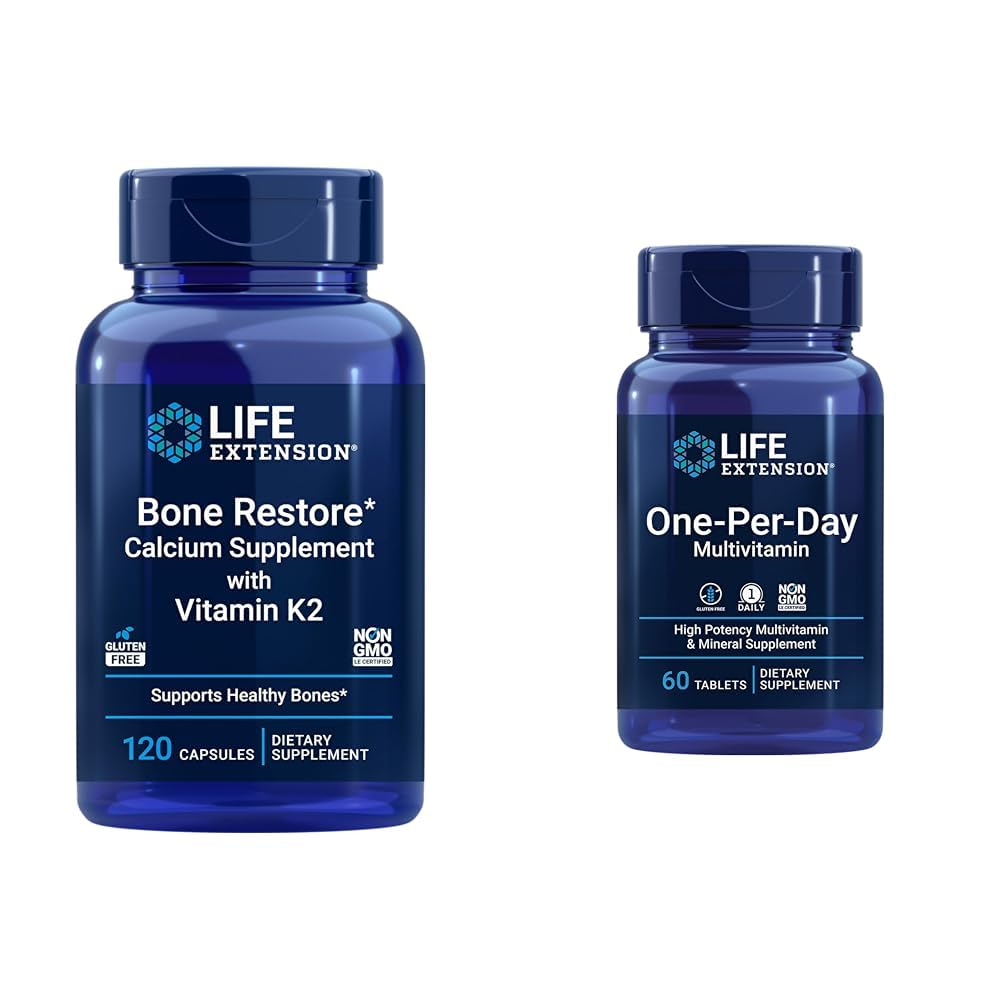 Life Extension Bone Restore + Vitamin K2 Vitamins & Minerals Maintain Bone Health & Strength & One-Per-Day Multivitamin – Packed with Over 25 Vitamins, 60 Tablets