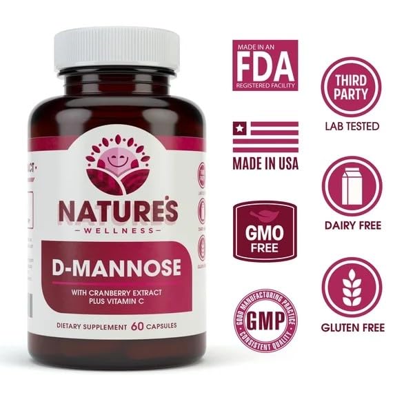 Natures Wellness D-Mannose with Cranberry Extract & Vitamin C, Veg Capsules, 60 Count