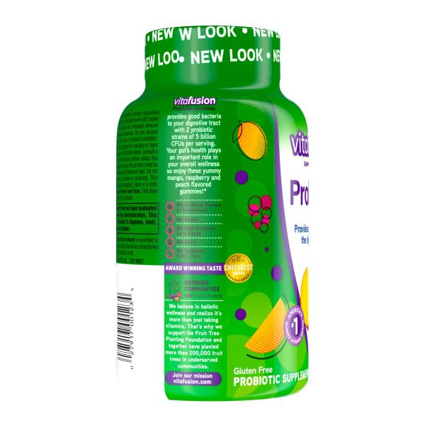 Vitafusion Probiotic Gummies Supplement, 5 Billion CFUs per Serving, Gluten-Free, Natural Raspberry, Peach & Mango Flavors, 140 Gummies