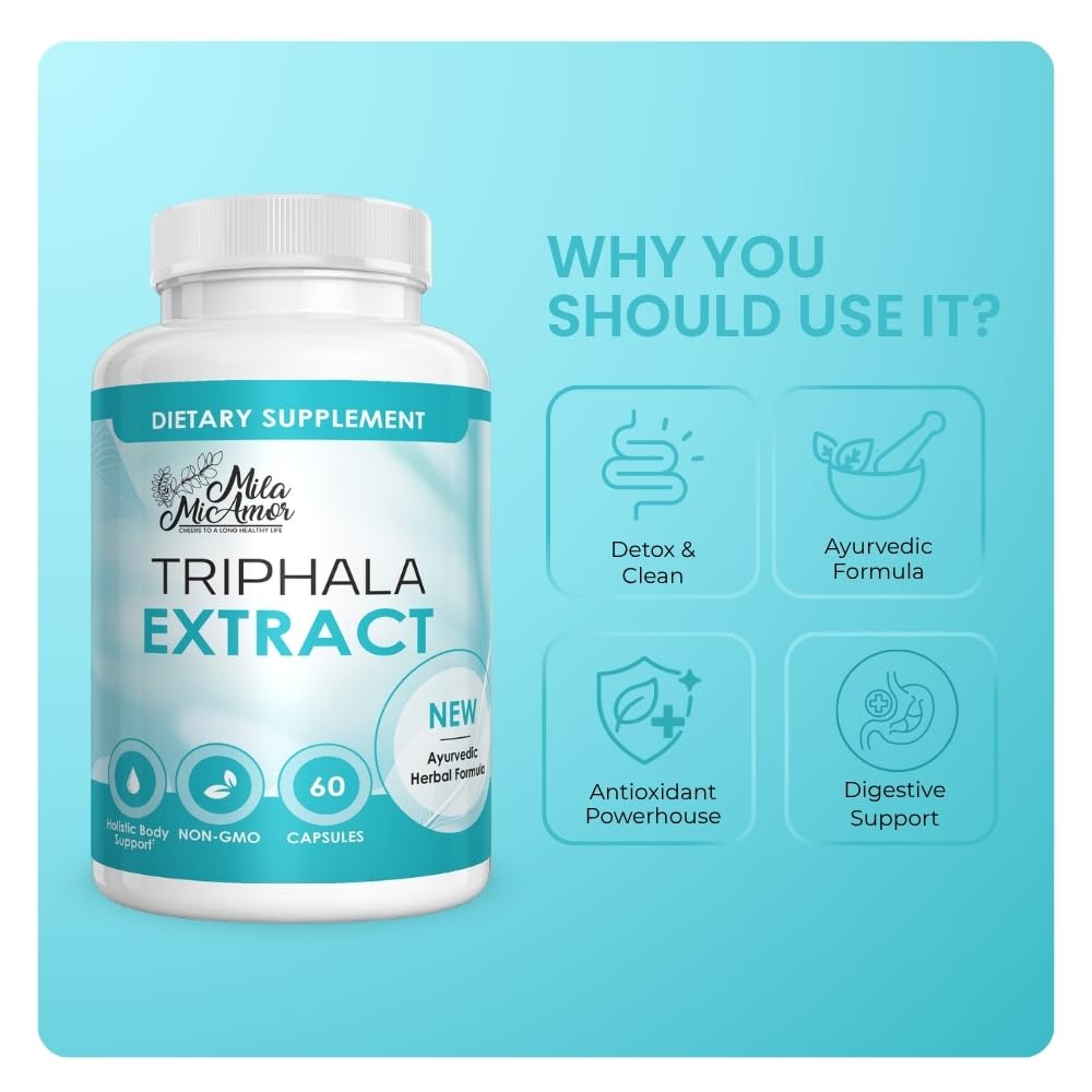 Mila Miamor Triphala Extract Capsules 750mg - Digestive Support, Gut Health and Colon Function - Ayurvedic Herbal Supplement with Amla, Harad and Bahera - Vegan, Non-GMO, Made in USA - 60 Capsules