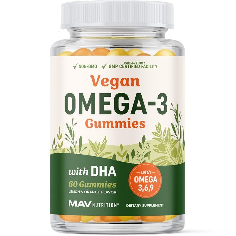 MAV NUTRITION Omega 3 6 9 + DHA Gummies, Plant-Based Triple Omegas, 60 Gummies