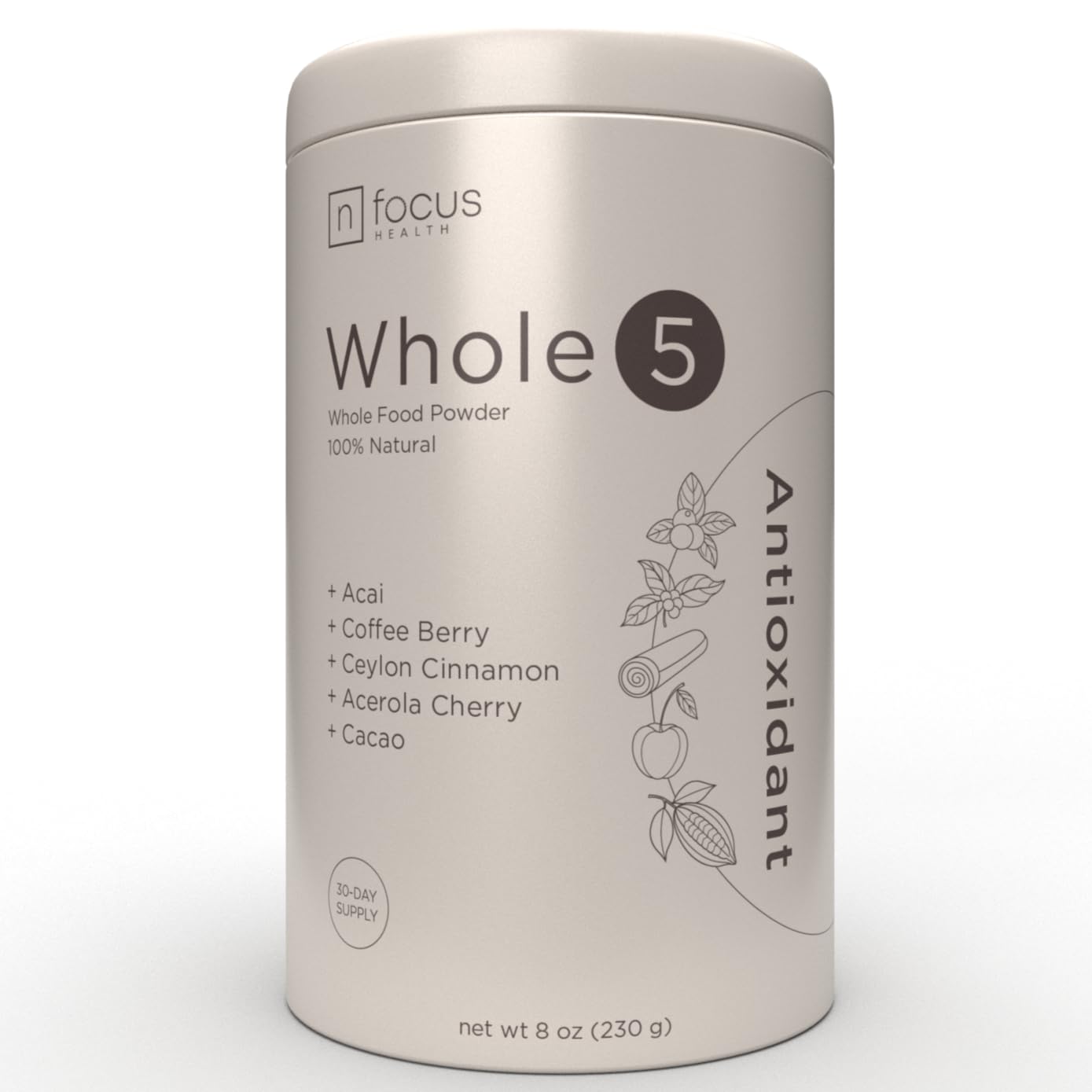 NFOCUS HEALTH Whole5 Antioxidant Superfood Powder Longevity Mix with Acai, Acerola Cherry, Coffee Fruit, Ceylon Cinnamon & Cacao - 8 oz
