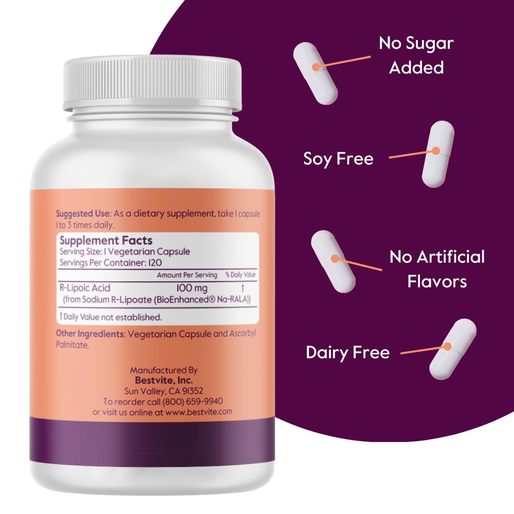 BESTVITE Stabilized R-Lipoic Acid 100mg Capsule, 120 Veg Caps