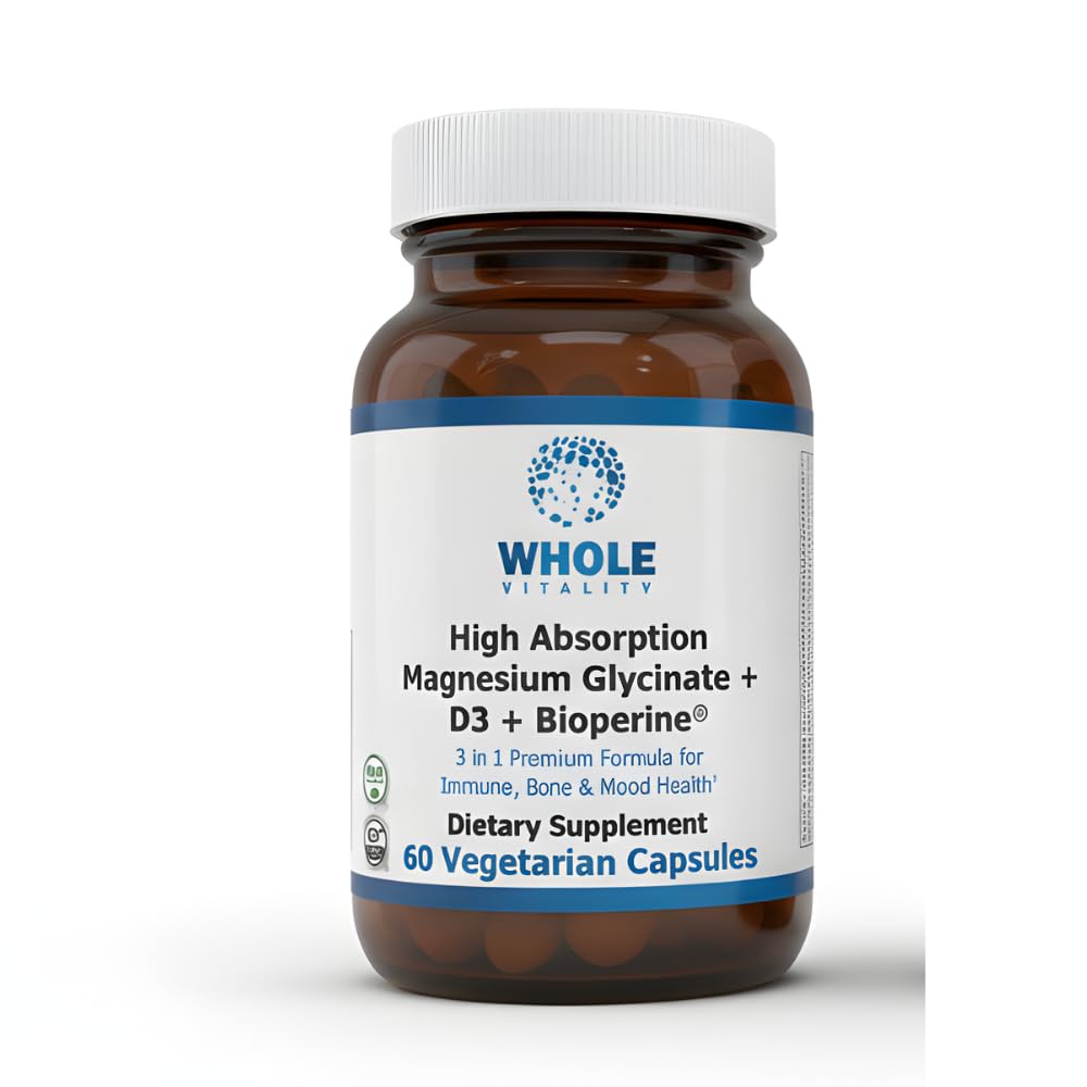 Whole Vitality Magnesium Glycinate 300mg with Vitamin D3 1000 IU, 60 Capsules
