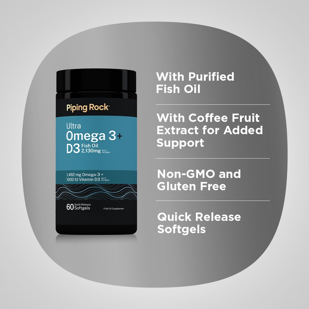 Piping Rock Ultra Omega 3 + D3 Softgels, 60 Count