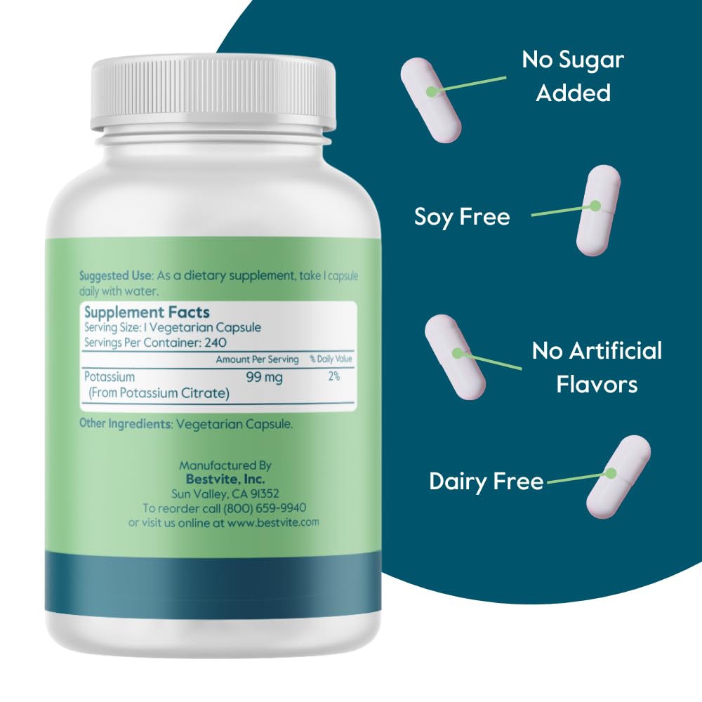BESTVITE Filler-Free Potassium Citrate 99mg Capsule, 240 Count
