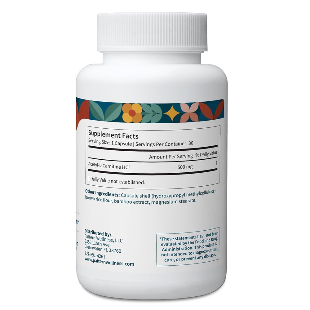 Pattern Wellness Acetyl-L-Carnitine 500 mg Capsules – ALCAR Supplement for Cellular Energy Production, Cognitive Health & Healthy Metabolism – Vegan, Non-GMO – 30 Capsules