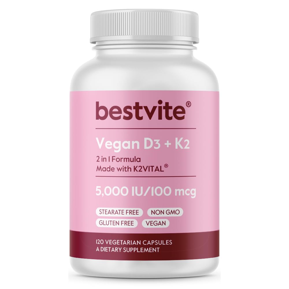 BESTVITE Vegan Vitamin D3 5000IU + Vitamin K2 100mcg as MK-7 Capsules, 120 Count