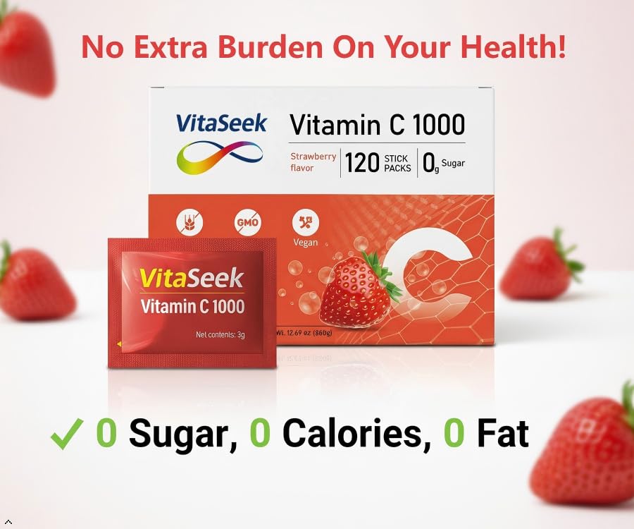 VitaSeek Vitamin C Powder 1000mg, Sugar Free Strawberry Flavor, 120 Packets