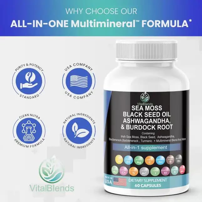 VitalBlends Sea Moss 3000mg, Black Seed Oil 2000mg, Ashwagandha 1000mg, Turmeric 1000mg, Bladderwrack 1000mg, Burdock 1000mg & Vitamin C & D3 with Elderberry Capsules, 60 Count