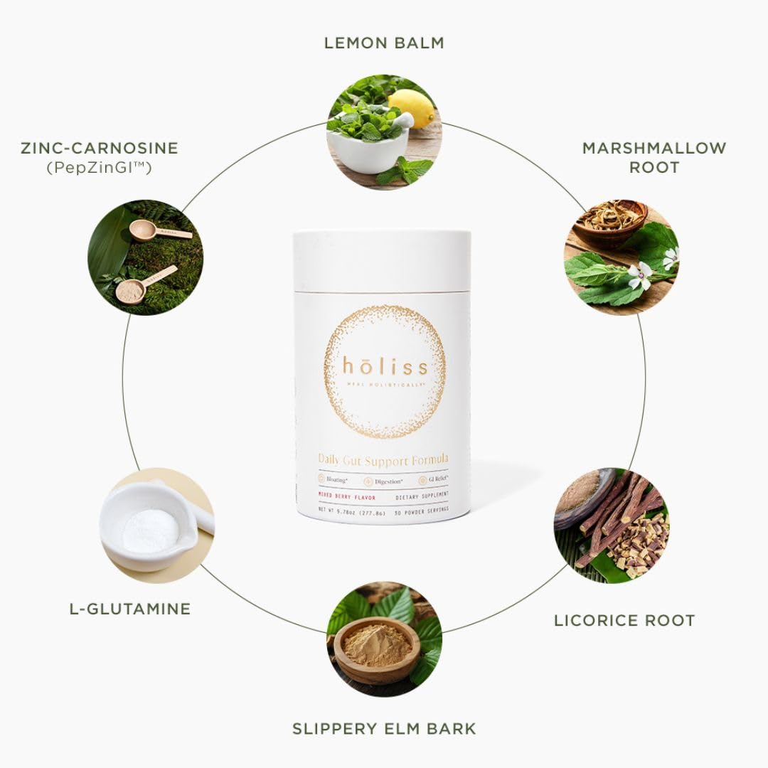 HOLISS Daily Gut Health Powder 6-in-1 All Natural Supplement, Slippery Elm, L Glutamine, Lemon Balm with PepZinGI - Bloat & Gas Relief, GI Lining Repair, IBS Support - Mixed Berry, 30 Servings