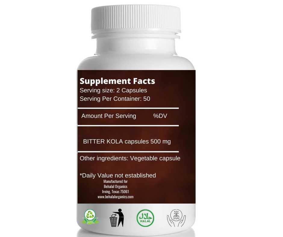 Behalal Organics Bitter Kola Supplement Capsules, 500mg Each, Quick Release Formula, 100 Count