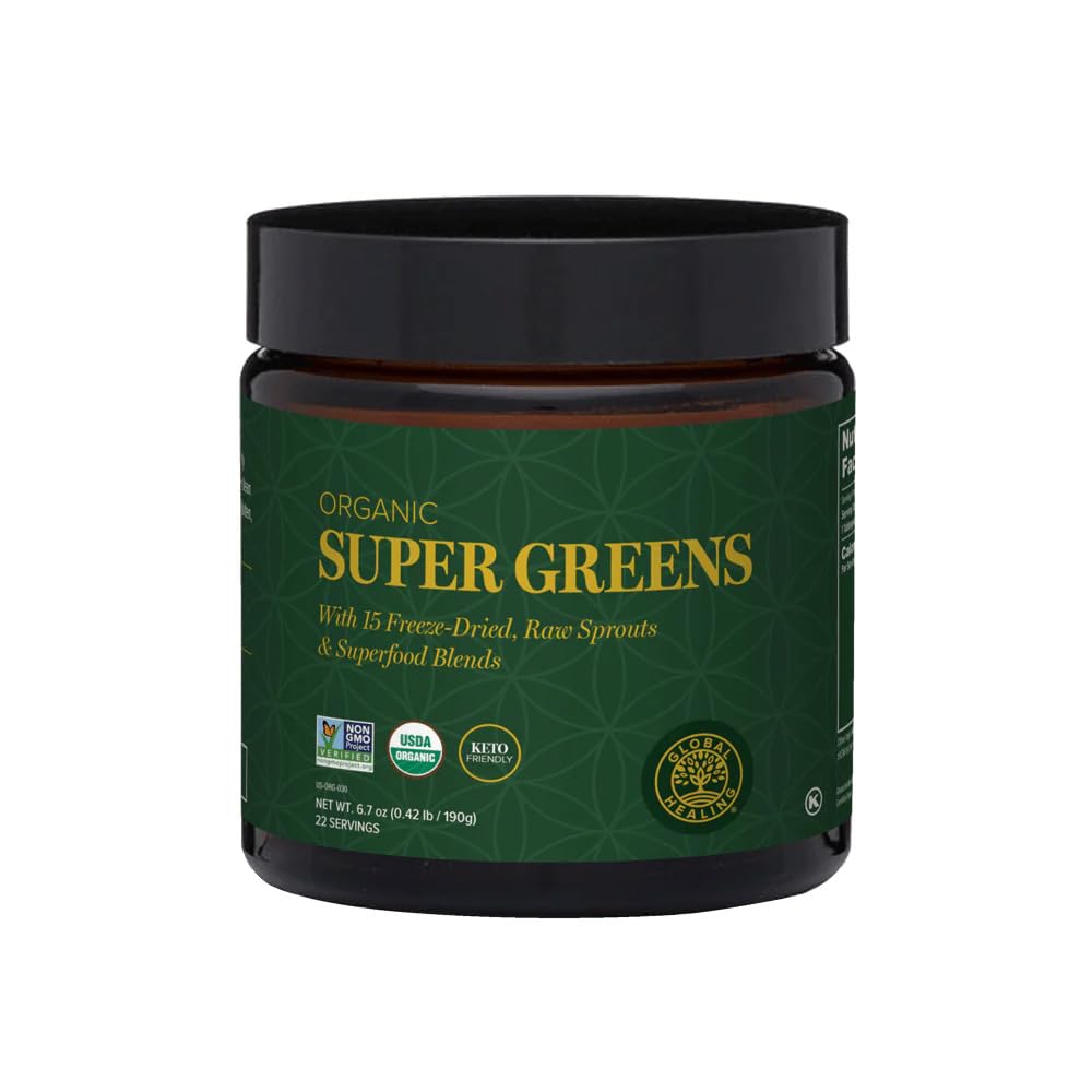 Global Healing Center Organic Super Greens Powder Blend - Greens Superfood Powder with 15 Raw Whole Sprouts, 9.5 Ounce