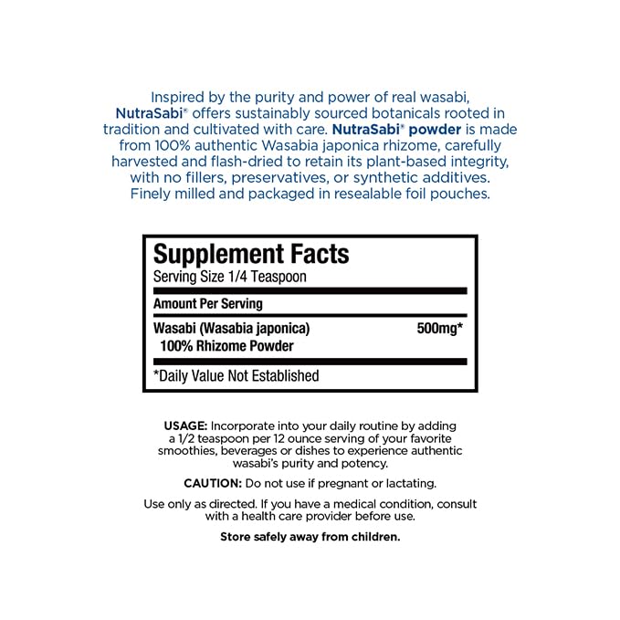 NutraSabi Nutraceutical-Grade Pure Wasabi Rhizome from Organically Grown Wasabia Japonica Plants, 6-MSITC Bioactive Superfood, Functional Botanical for Wellness - 30g Resealable Foil Pouch Powder, 1