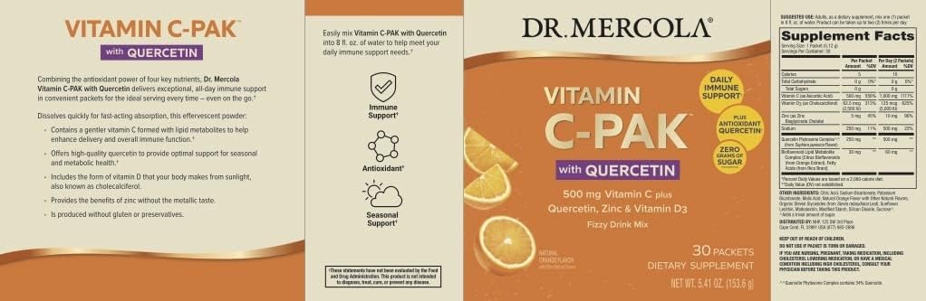 Dr. Mercola Vitamin C-PAK with Quercetin Daily Immune Support Drink, Zinc & Vitamin D3 Blend, Gluten-Free, Effervescent Powder, 5.41 oz