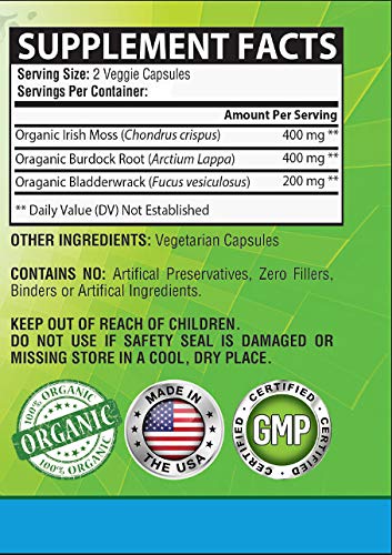 NutreeVit 100% Organic Sea Moss + Bladderwrack + Burdock Advanced Superfood Formula Capsules, 60 Count