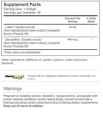 Vitacost Lutein 20 mg with Zeaxanthin Featuring FloraGlo Lutein Softgel 60