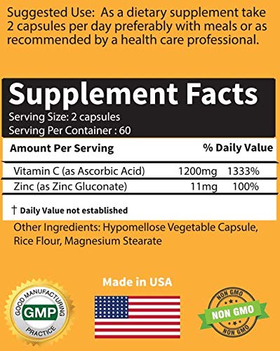 RaeSun Botanics High Dose Extra Strength 1200mg Vitamin C + Zinc Complex for Immune Support 120 Capsules