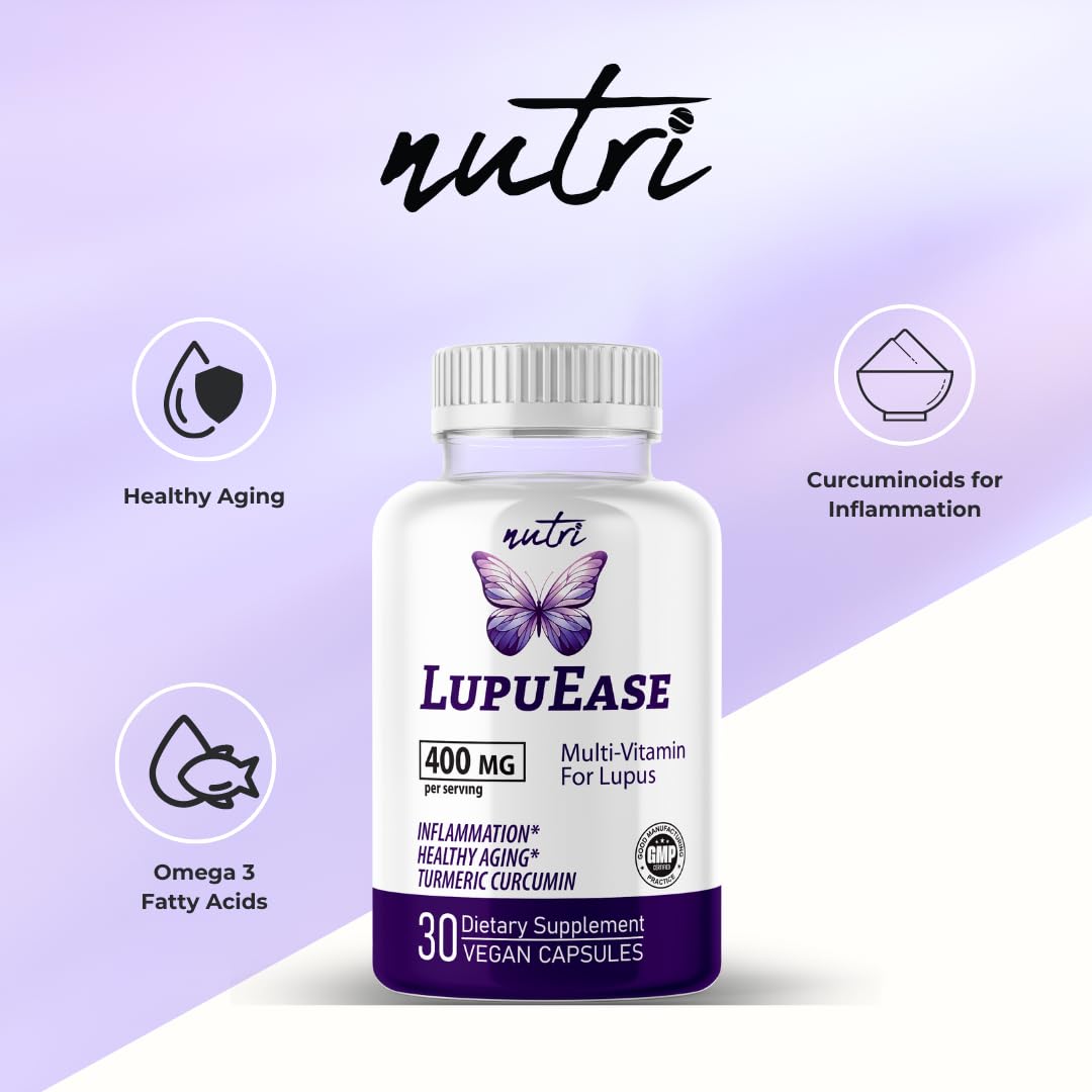 Nature's Fusions LupuEase Lupus Relief Multivitamin Lupus Supplements Vitamin C D3 E B12 Turmeric Curcumin Extract Std. 95% Curcuminoids Omega-3 Fatty Acids 400mg, 30 Capsules
