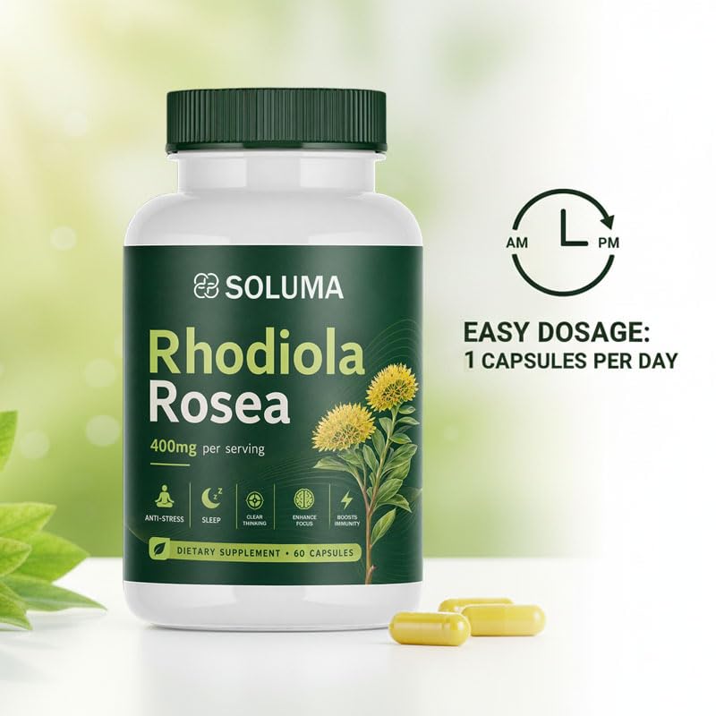 Soluma Rhodiola Rosea Organic Natural Adaptogen Supplement with Bioperine Energy, Stress and Mental Focus Support Capsule 1