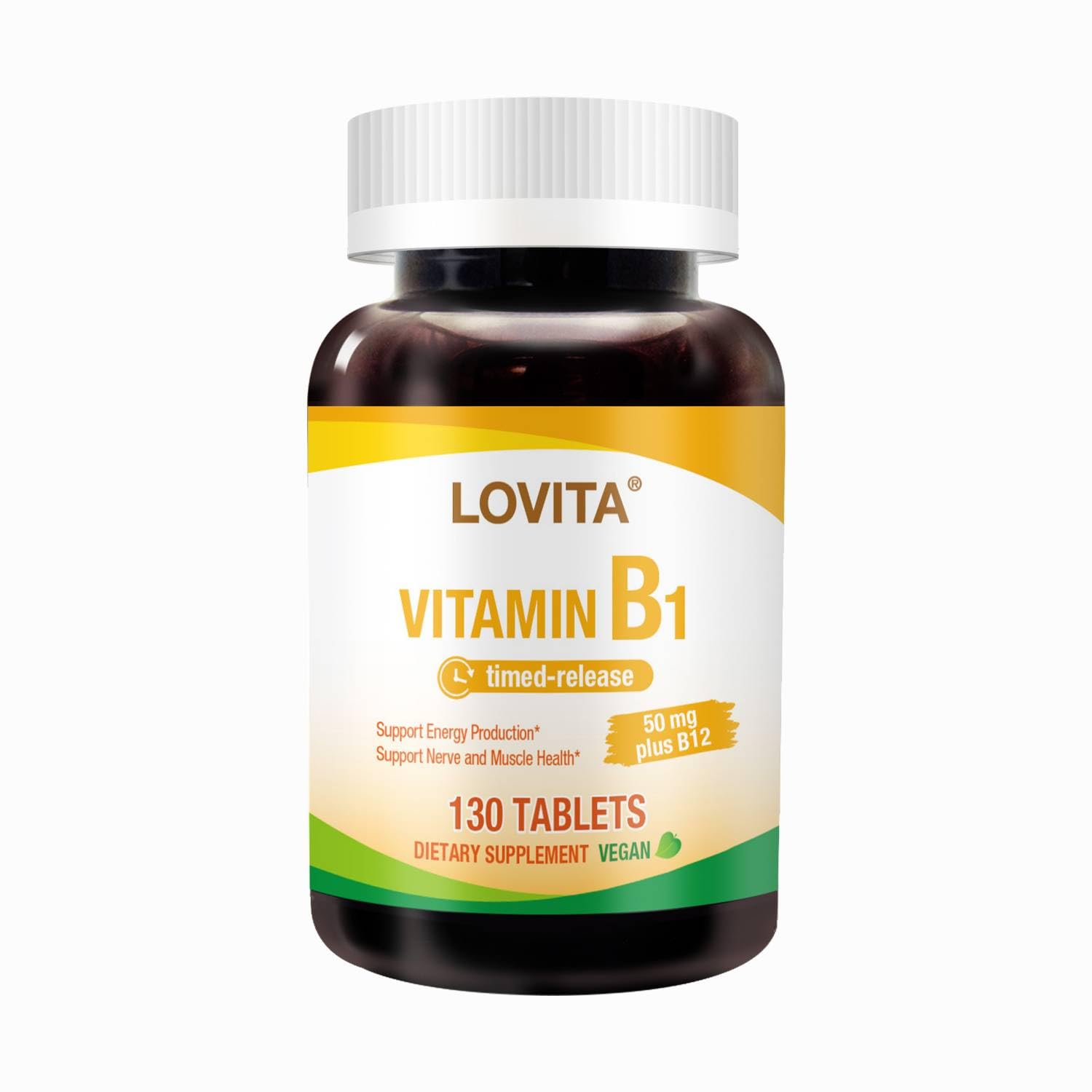 LOVITA Vitamin B1 (Thiamine) 50mg Timed Release, 8 Hours Sustained, with Vitamin B12 100mcg, Support Metabolism & Nerve Health, 130 Tablets