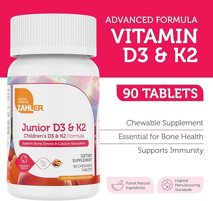 Zahler Junior Vitamin D3 + K2 Tablets for Kids, 2000 IU, 90 Tablets