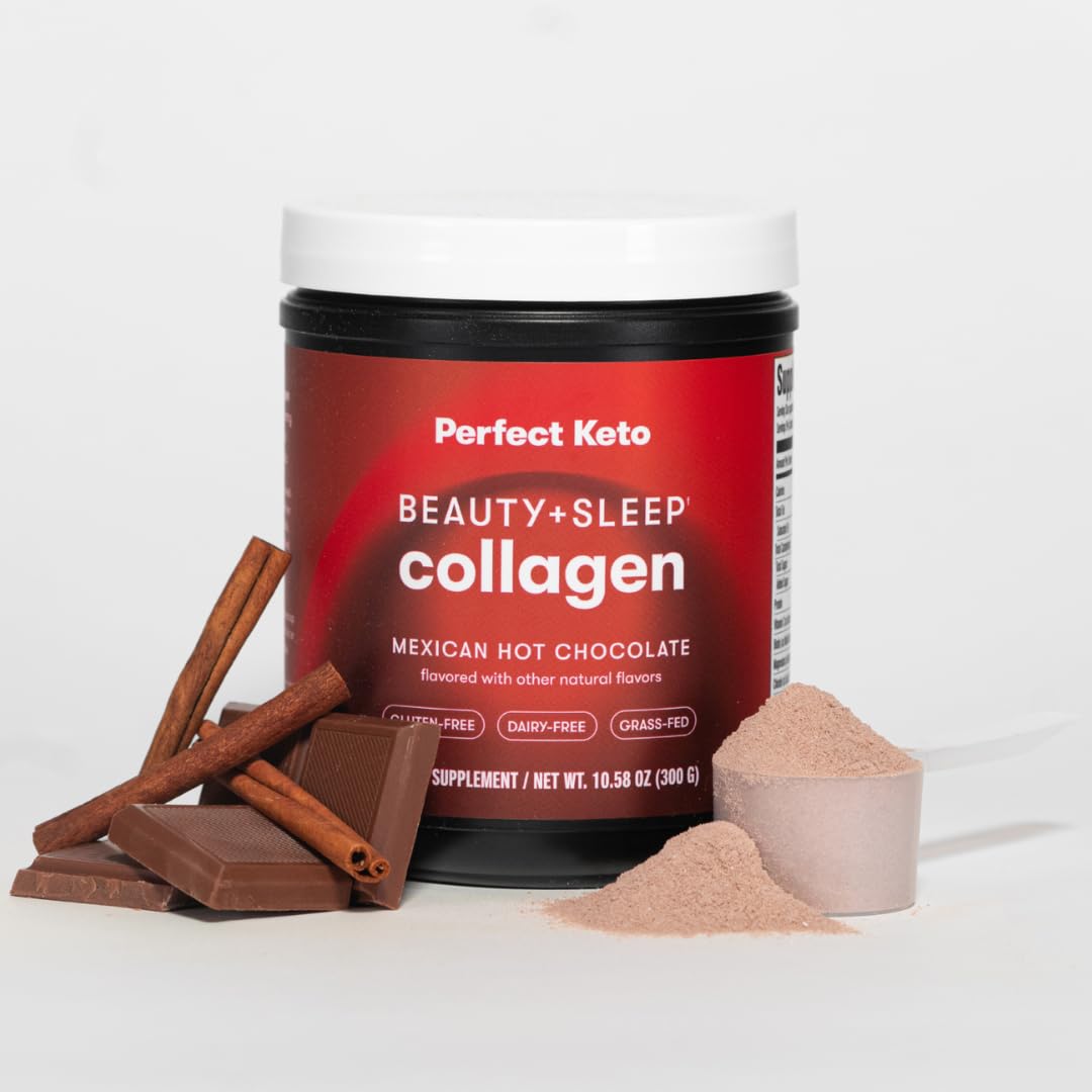 Perfect Keto Beauty + Sleep Grass Fed Collagen Peptides Protein Powder with Ashwagandha, Magnesium, Biotin, Hyaluronic Acid, L Theanine, Hair, Skin, Nails & Relaxation Support, Mexican Hot Chocolate Powder 10.58