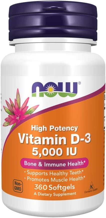 NOW Foods Vitamin D3 (Cholecalciferol) 5,000 IU Softgels, 360 Count